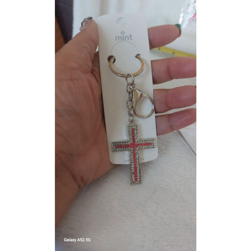 Pink and Silver Rhinestone Cross Keychain